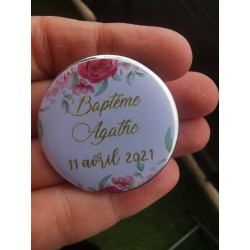 badge thème fleuri rose 37mm 2