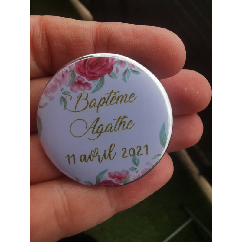 badge thème fleuri rose 37mm