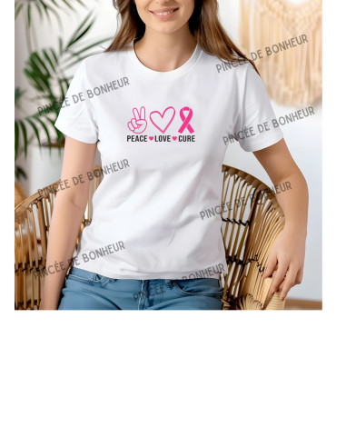 🎀 T-shirt Femme – Peace Love Cure – Collection Octobre Rose 🎗️🌸