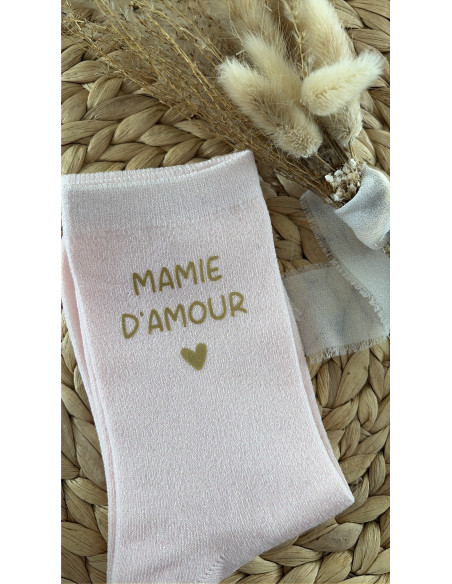 Chaussettes mamie personnalisées rose pailleté Mamie d’amour – idée cadeau mamie