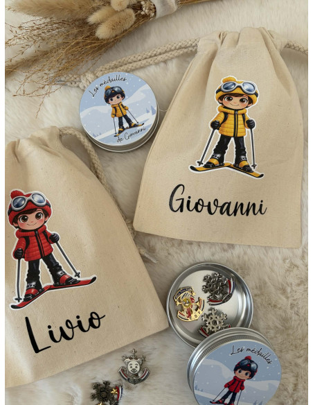 Pochon ski personnalisé – Cadeau enfant skieur/skieuse – Prénom personnalisé