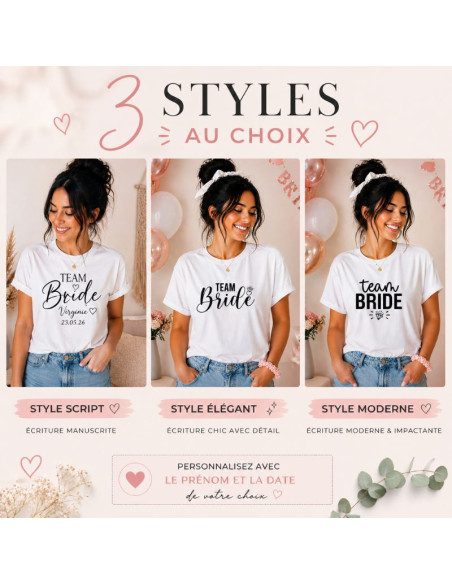 T-shirt EVJF personnalisé – Team Bride / Bride – Prénom & Date
