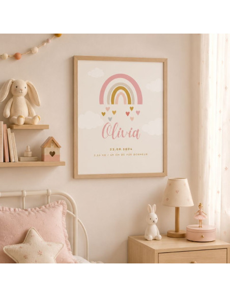 Cadre naissance bohème – Décoration chambre bébé fille – Affiche prénom naissance