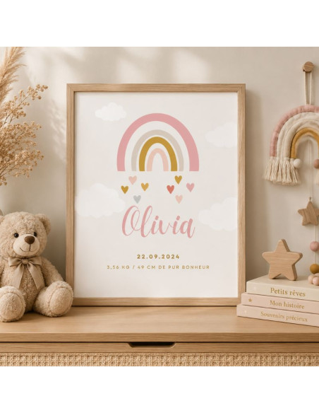 Cadre naissance bohème – Décoration chambre bébé fille – Affiche prénom naissance