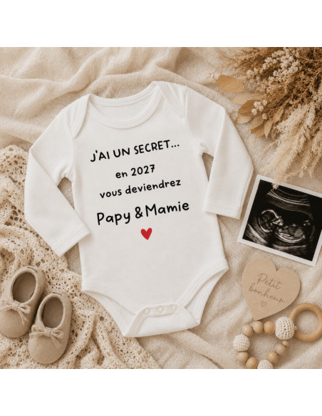 Body bébé personnalisé – J'ai un secret… Vous deviendrez Papy & Mamie