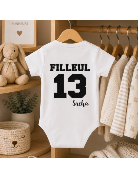 Body bébé personnalisé « Filleul / Filleule » – Numéro et prénom au dos