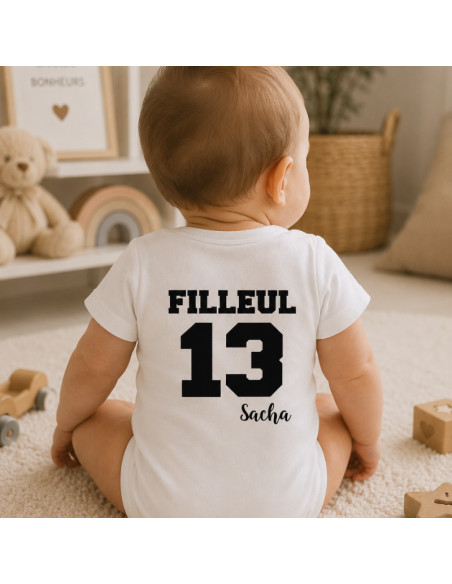 Body bébé personnalisé « Filleul / Filleule » – Numéro et prénom au dos