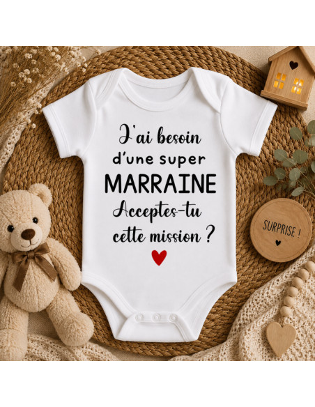 Body bébé “J’ai besoin d’un super Parrain / Marraine – Acceptes-tu cette mission ?”