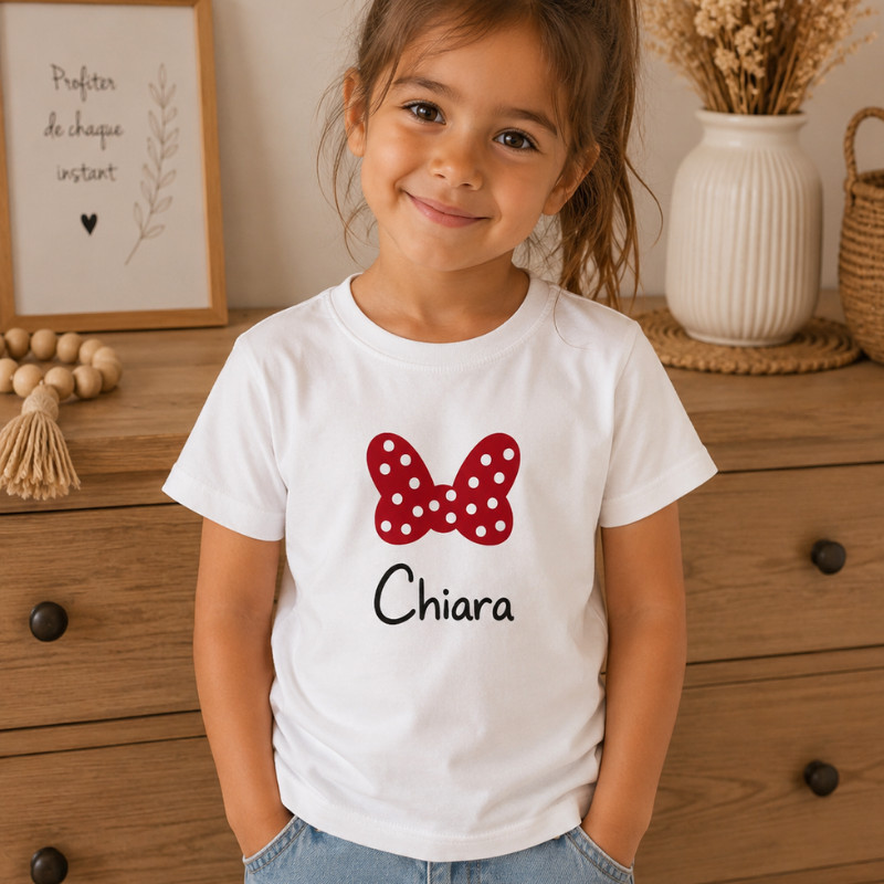 Tee shirt prénom nœud rouge à pois