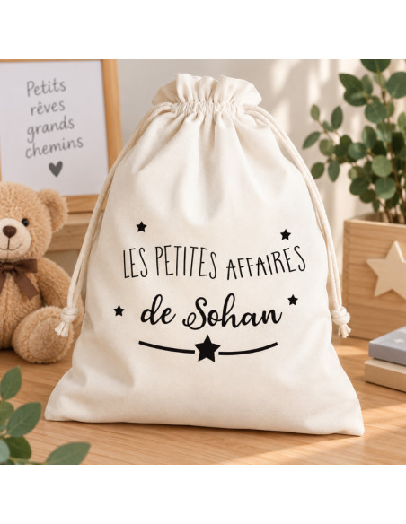 Baluchon personnalisé enfant avec prénom – Sac à cordon « Les petites affaires de… »