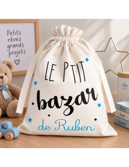 Baluchon personnalisé enfant avec prénom – Sac à cordon « Le P’tit Bazar »