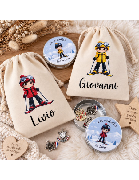 Pochon ski personnalisé – Cadeau enfant skieur/skieuse – Prénom personnalisé
