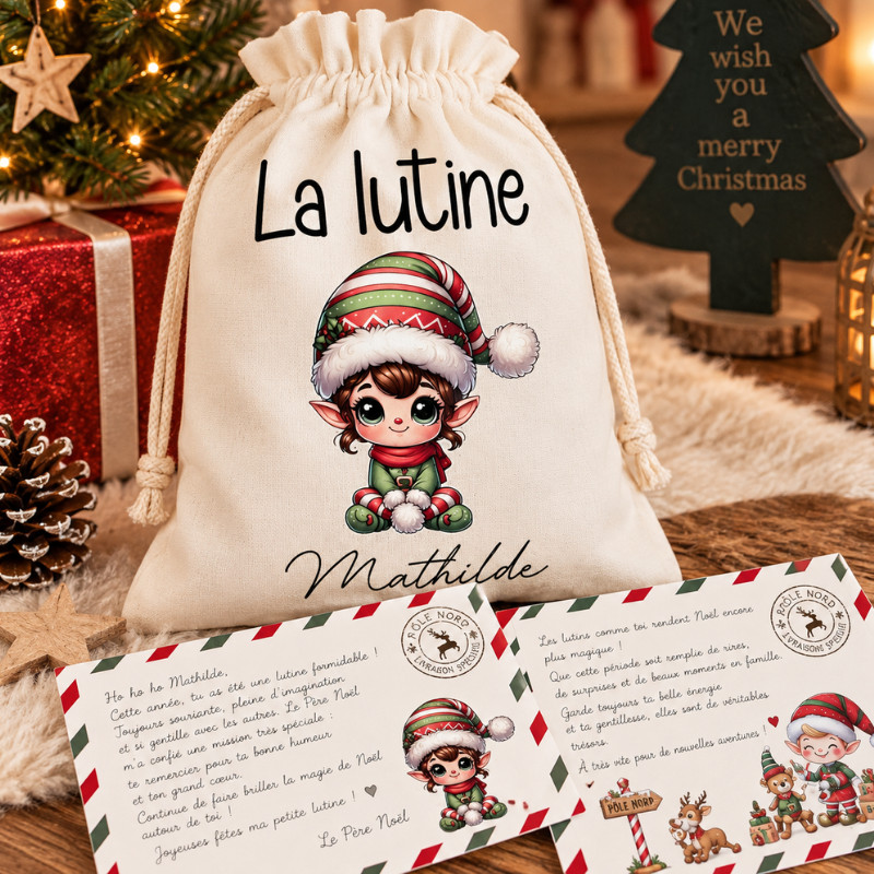 🎄 Pochon personnalisé – Avec lutine &...